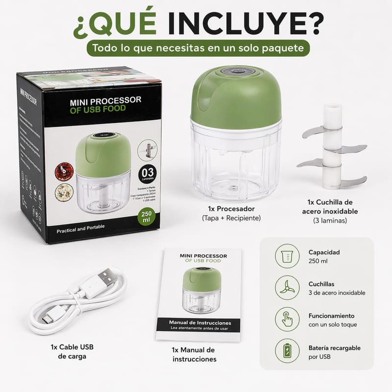 Mini Procesador de Alimentos Inalámbrico USB 250ml